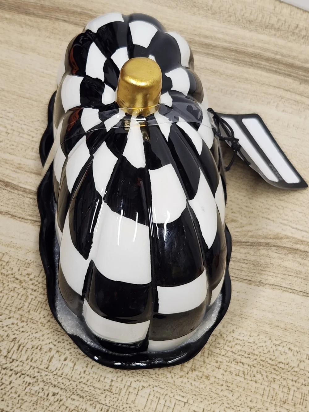 Salem St. Hand-Painted Black & White Check Pumpkin with Gold Stem